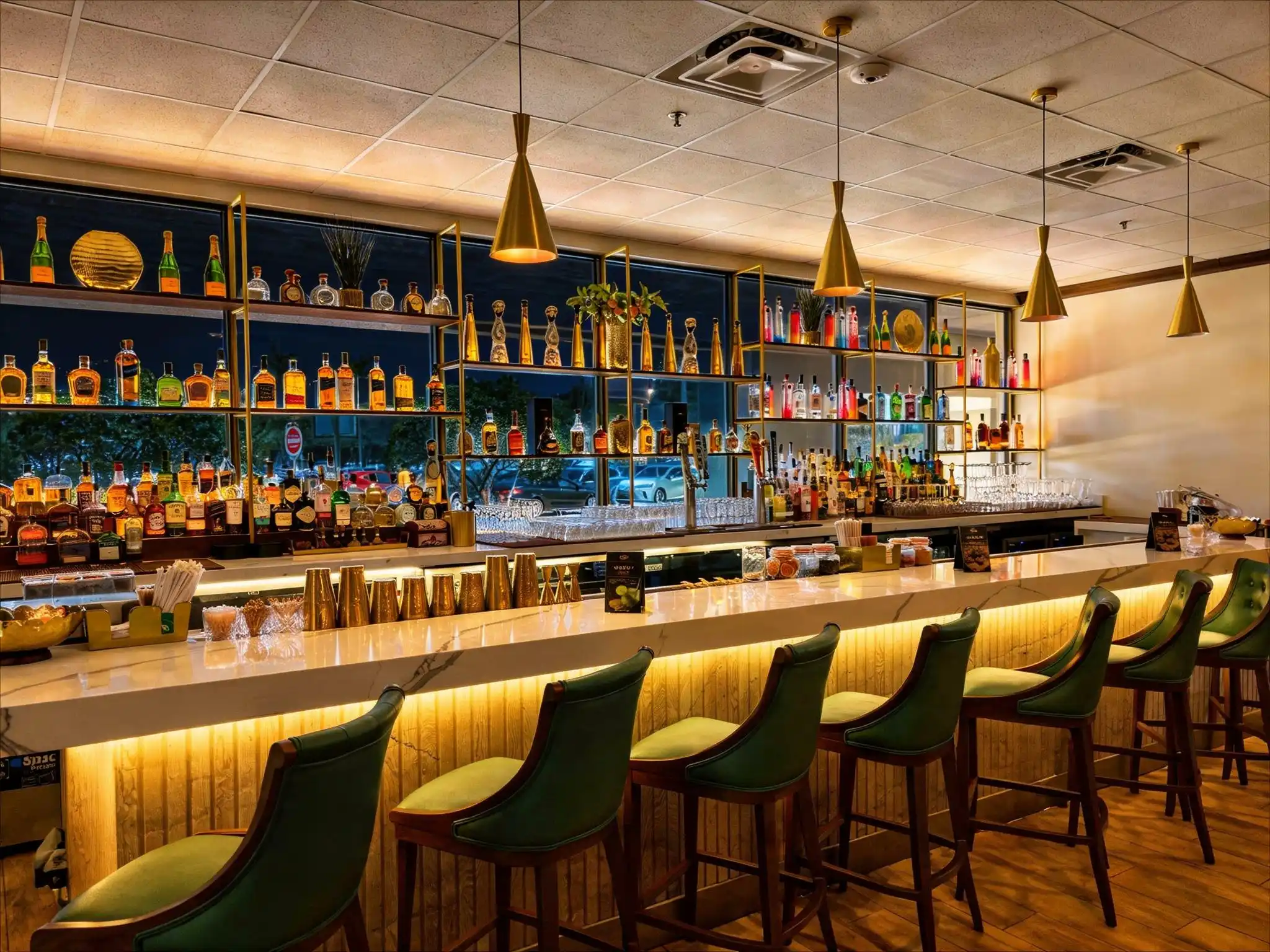 The bar at Adega Gaucha Deerfield Beach at night with gold pendant lights and green stools